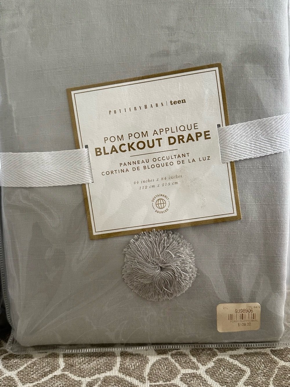 Pottery Barn Teen Light Gray Pom Pom Appliqué Blackout Drape